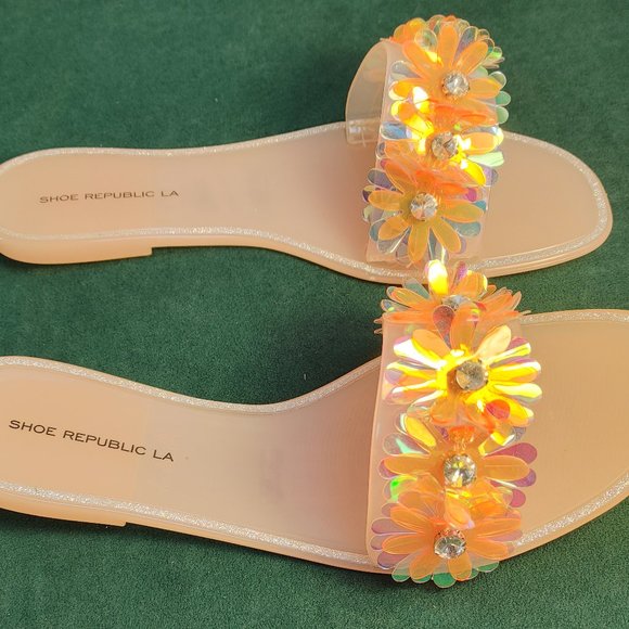 SHOE REPUBLIC LA SUMMER SANDAL WITH IRREDESANT FLOWERS SIZE 10 - Picture 2 of 8